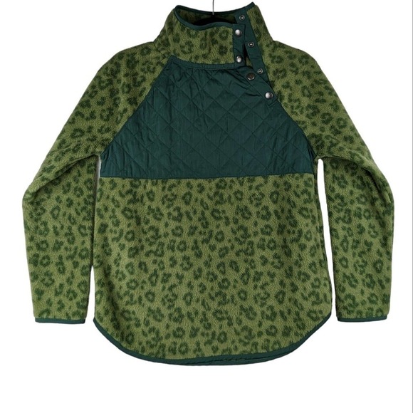 J. Crew Quilted Sherpa Fleece Women Snap Button Neck Green Pullover NEW - Picture 2 of 13